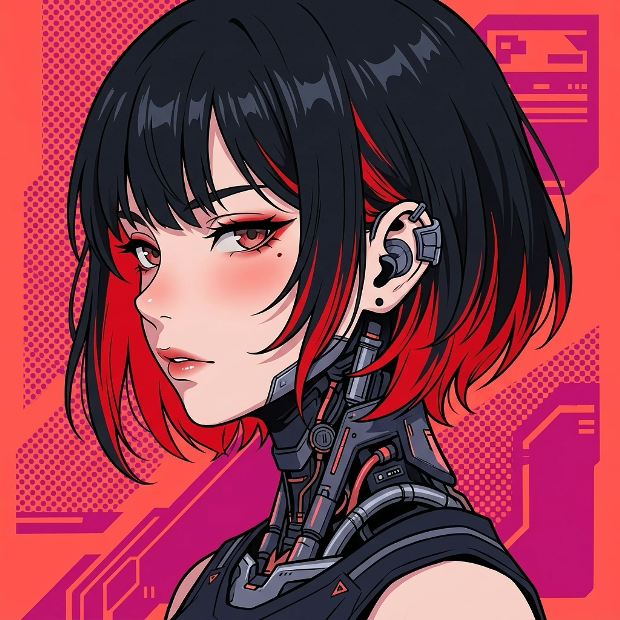 Ririku's character: an anime girl with a black and red bob and a cybernetic neck, in coral and magenta.