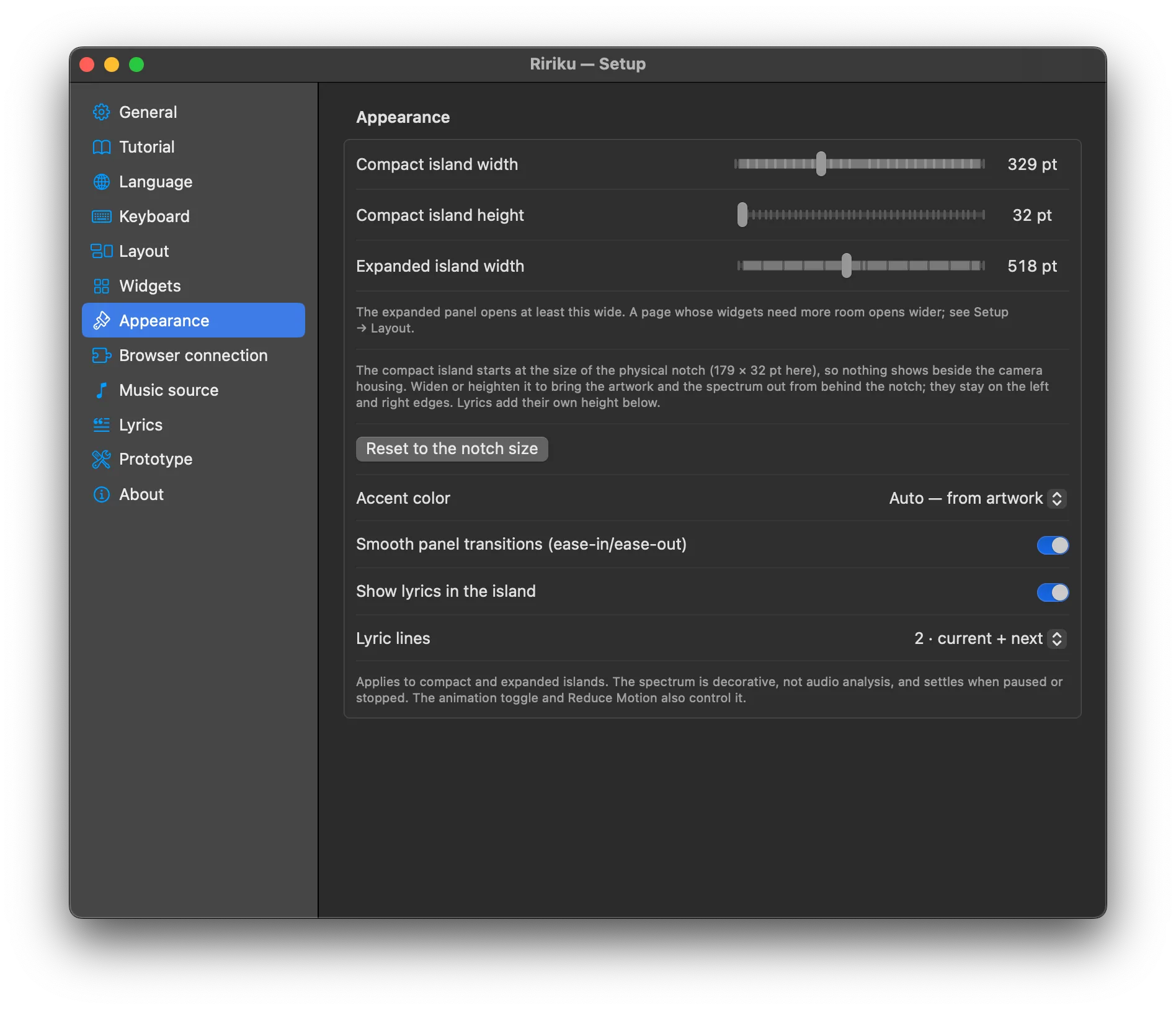 Setup → Appearance